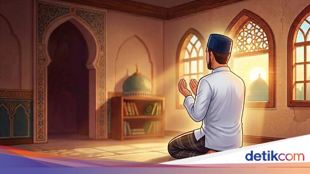 Ilustrasi umat muslim sedang menjalankan ibadah salat berjemaah di masjid dengan suasana yang khusyuk.