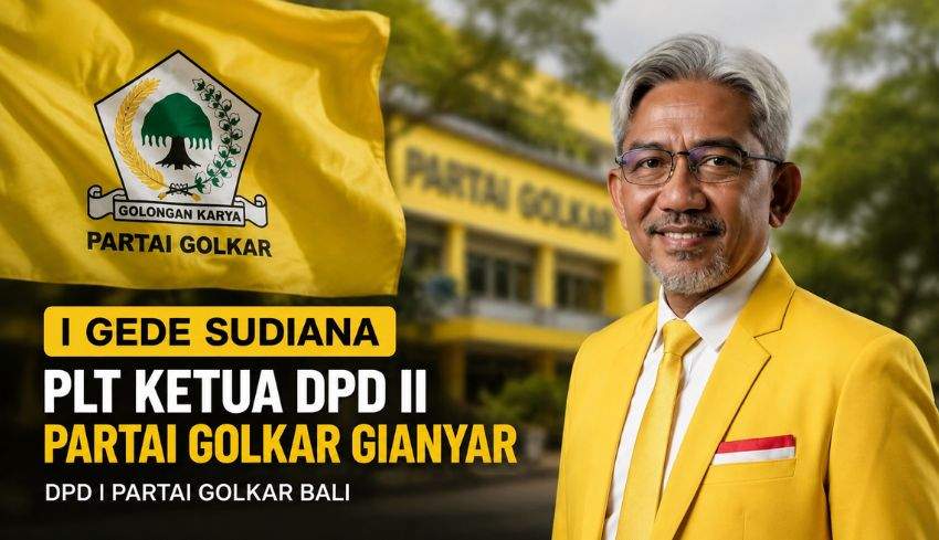 Logo Partai Golkar dengan latar belakang bendera kuning dalam ruang rapat koordinasi pengurus DPD I Partai Golkar Provinsi Bali.