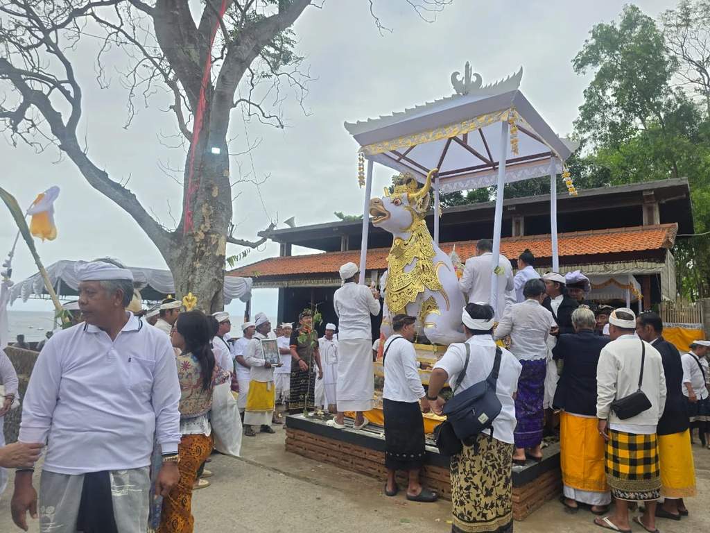 Prosesi penempatan jenazah sulinggih di dalam petulangan lembu menjelang upacara kremasi di Krematorium Tyaga Margananda Karangasem Bali.