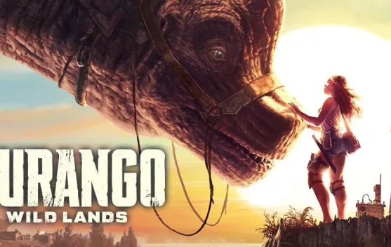 Ilustrasi tampilan visual gim survival Durango: Wild Lands yang memperlihatkan karakter pemain menjelajahi pulau liar bersama dinosaurus.