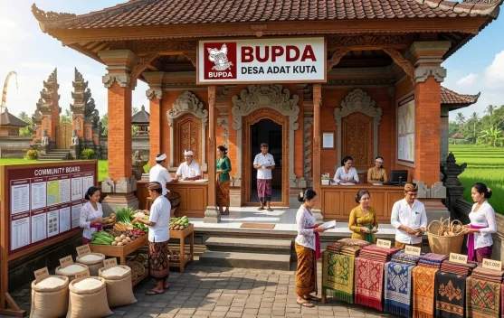 Suasana aktivitas ekonomi di kawasan desa adat Bali yang melibatkan partisipasi aktif masyarakat dan generasi muda dalam pengelolaan BUPDA.
